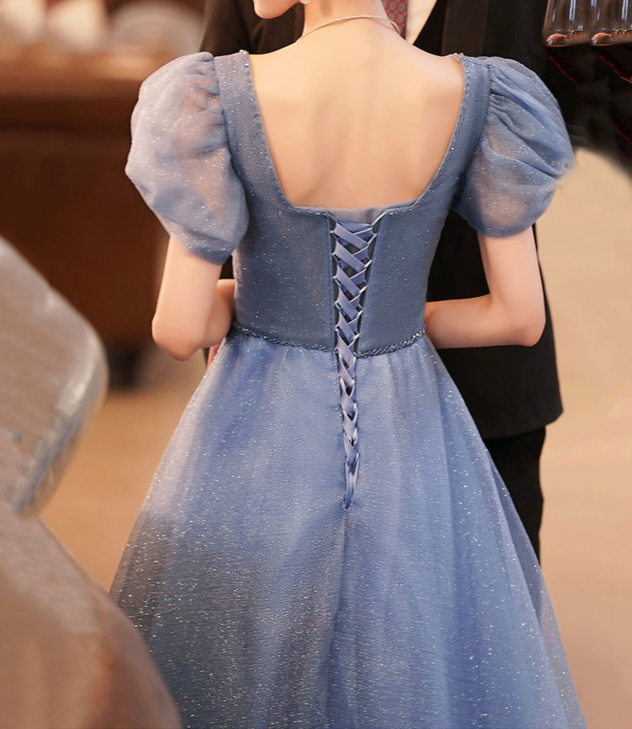 Blue tulle long A line prom dress evening dress  8966