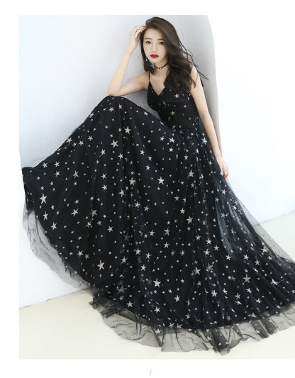 Black sweetheart neck tulle long prom dress, black evening dress  8089