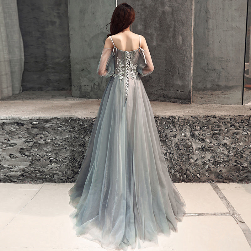 Gray lace tulle long prom dress, long sleeve evening dress  8081