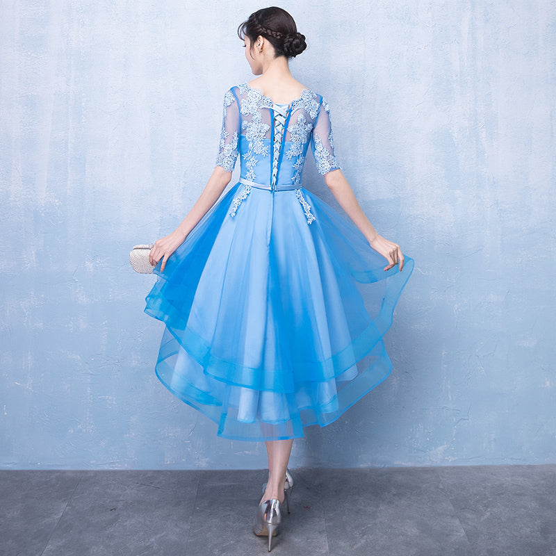 Blue tulle lace high low prom dress, homecoming dress  8032