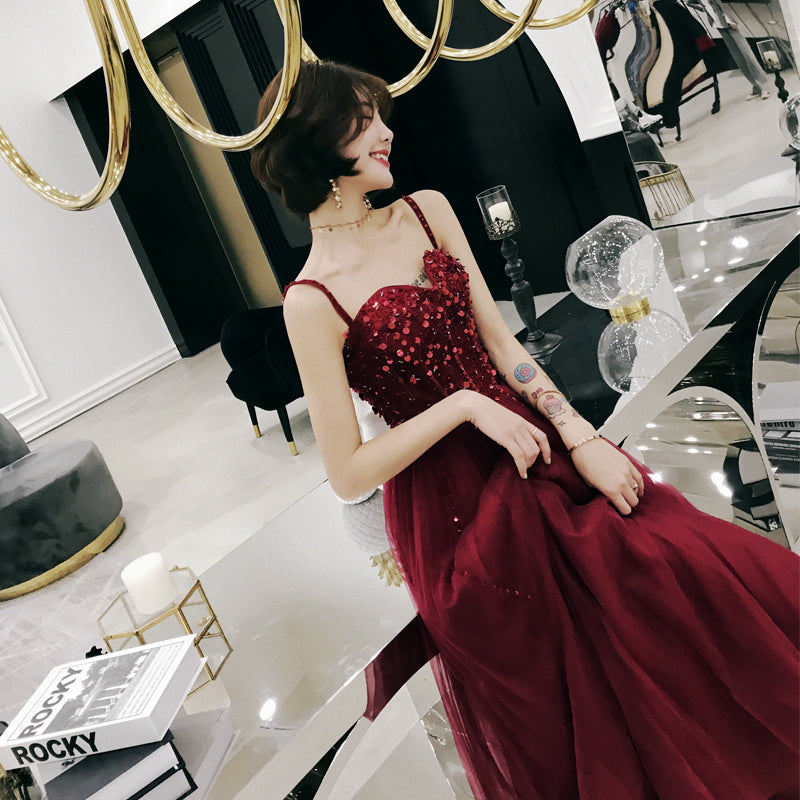 Burgundy sweetheart neck tulle long prom dress, evening dress  7971