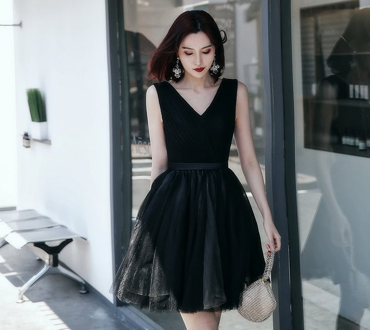Black v neck tulle short prom dress, homecoming dress  8060