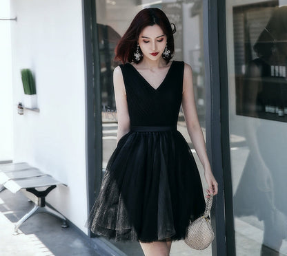 Black v neck tulle short prom dress, homecoming dress  8060