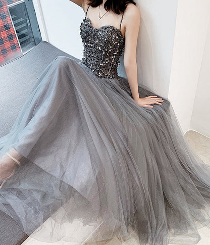 Gray sweetheart neck tulle beads long prom dress, evening dress  8064