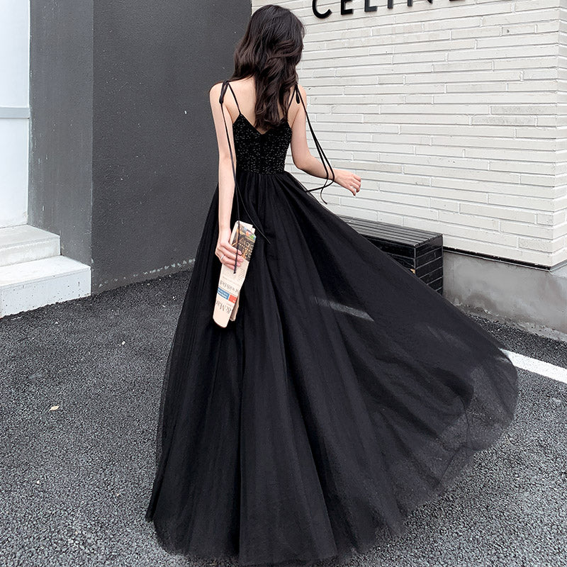 Black tulle beads long prom dress, black evening dress  8028