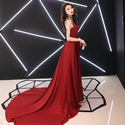 Burgundy v neck chiffon long prom dress, evening dress  7905