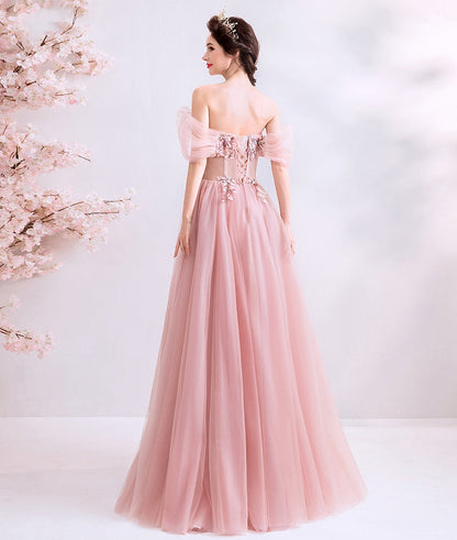Pink tulle lace long prom dress, pink evening dress  8077