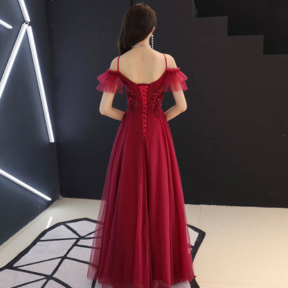 Burgundy tulle lace long prom dress, burgundy evening dress  7967