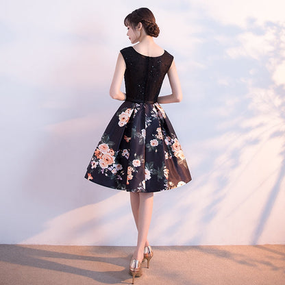 Black round neck floral pattern short prom dress, homecoming dress  7853
