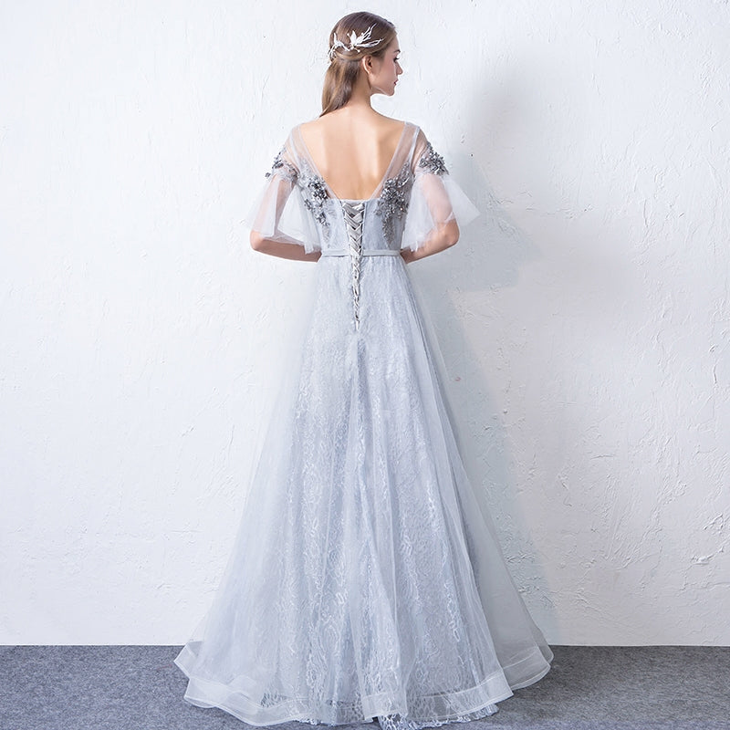 Gray round neck tulle lace long prom dress, evening dress  7942