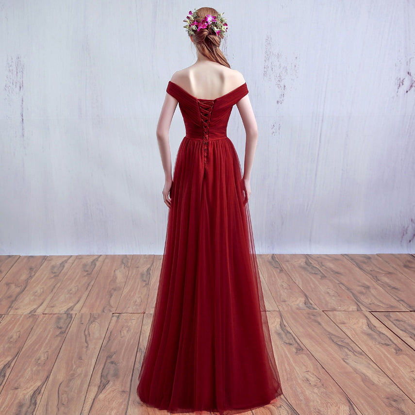 Burgundy v neck tulle long prom dress, burgundy evening dress  7902