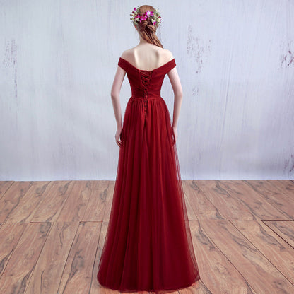Burgundy v neck tulle long prom dress, burgundy evening dress  7902
