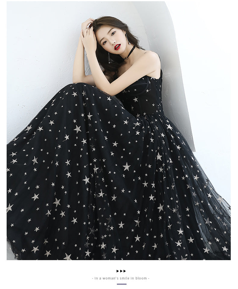 Black sweetheart neck tulle long prom dress, black evening dress  8089