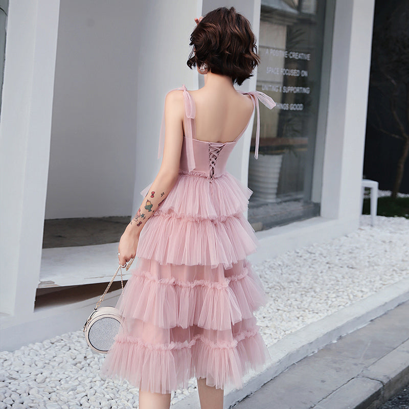 Pink tulle short prom dress, pink evening dress  8053