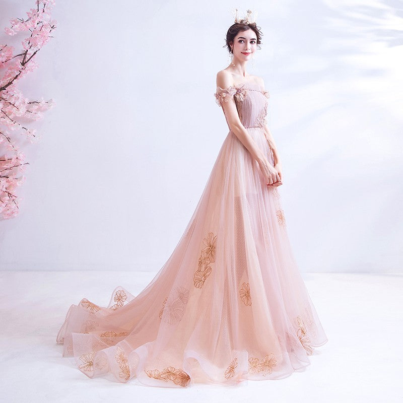 Pink tulle long A line prom dress pink evening dress  10129