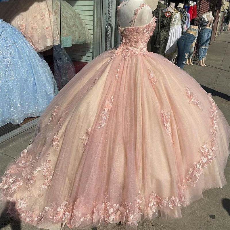 PM070,Pink Sparkly Quinceanera Prom Dresses Lace Flower Sweet 16 Tulle Party Ball Gown