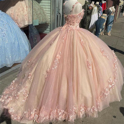 PM070,Pink Sparkly Quinceanera Prom Dresses Lace Flower Sweet 16 Tulle Party Ball Gown