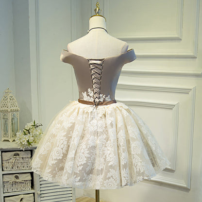 Charming A-line off shoulder lace short prom dress,homecoming dress  7692