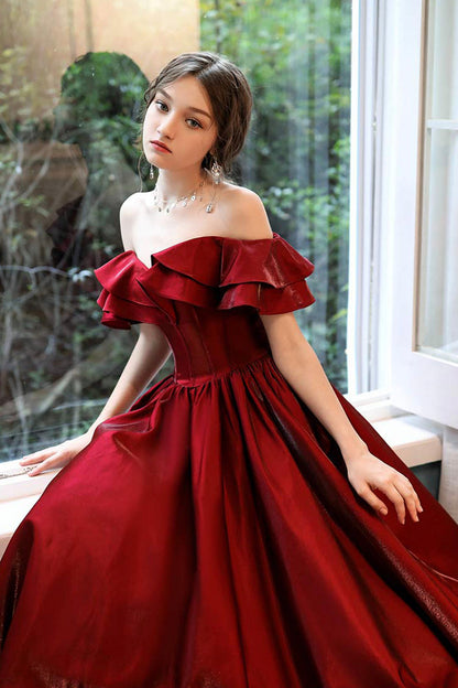 Burgundy satin long prom dress evening dress  8510