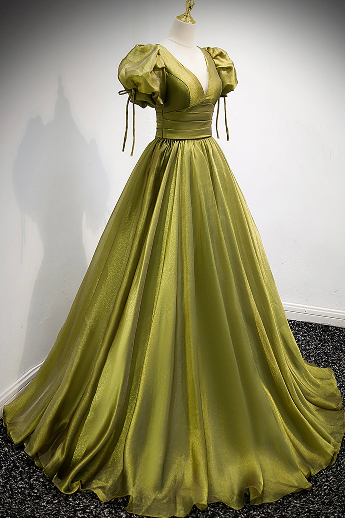 Green v neck tulle long prom dress A line evening dress  8878