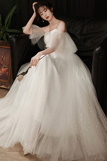 White tulle long A line prom dress white evening dress  8762