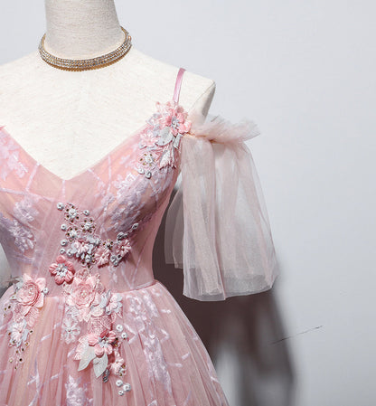 Pink v neck tulle long prom dress evening dress  8455