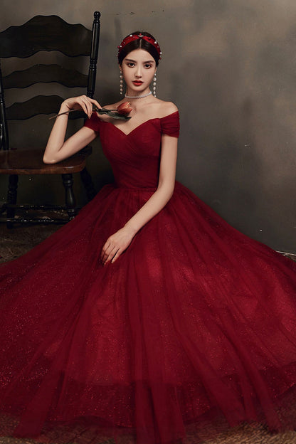 Burgundy tulle long A line prom dress evening dress  8679