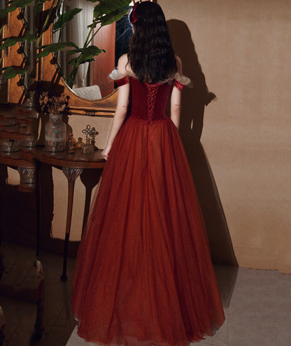 Burgundy velvet tulle long prom dress evening dress  8382