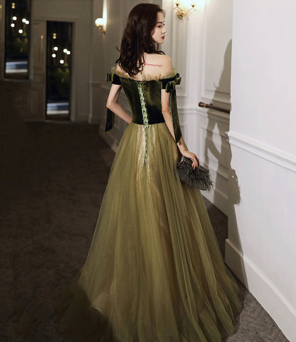 Green velvet tulle long A line prom dress evening dress  8828