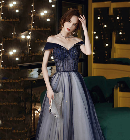 Blue tulle beads long prom dress blue evening dress  8612