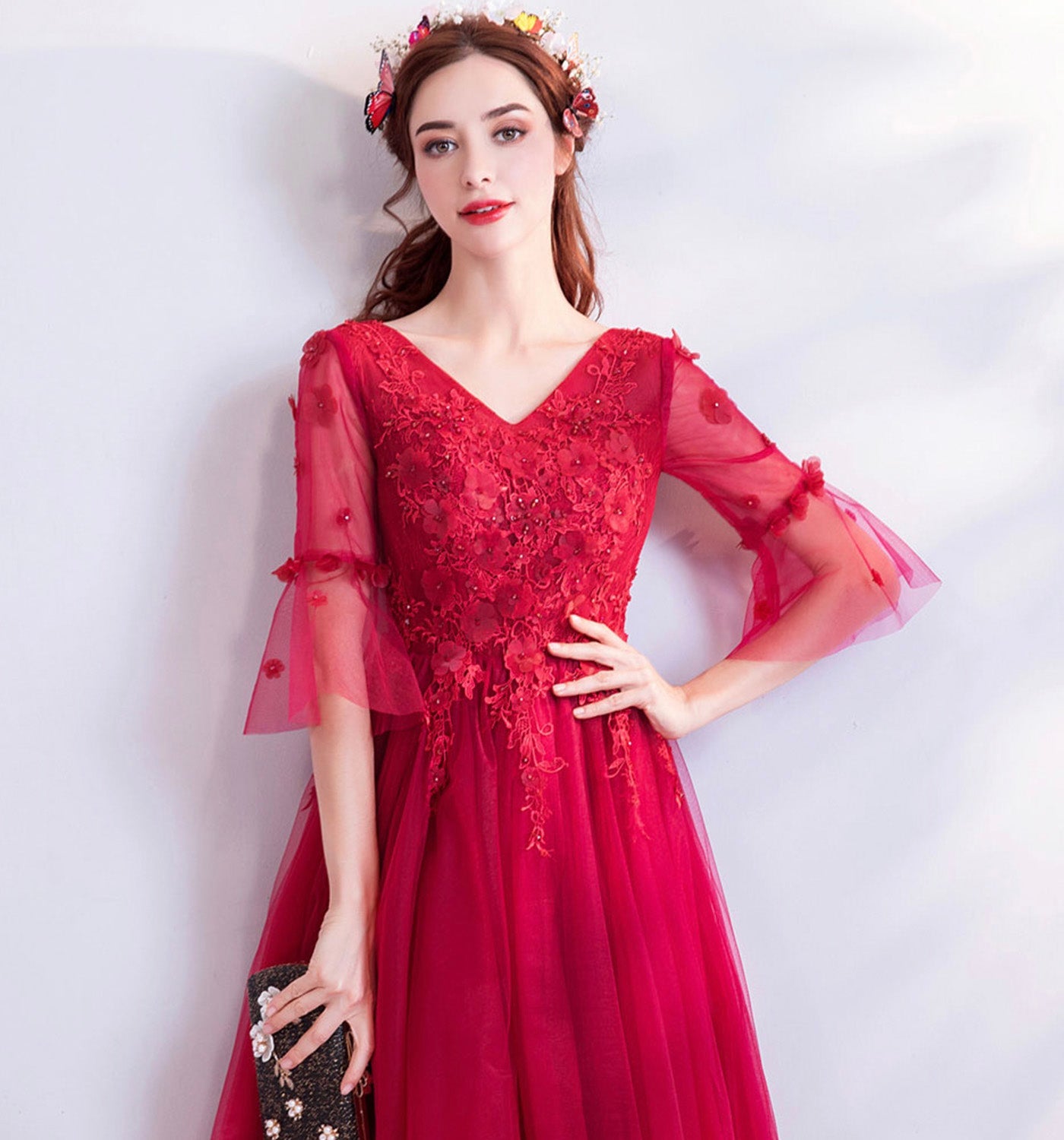Red v neck lace long prom dress A line evening gown  8934