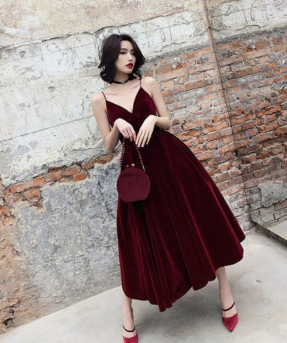 Simple burgundy velvet short prom dress  8184