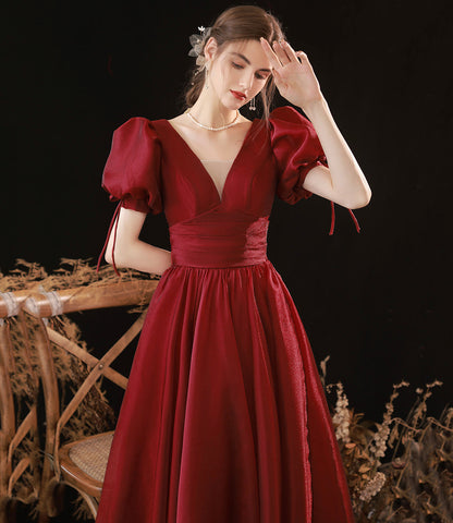 Burgundy v neck long prom dress A line evening gown  8937