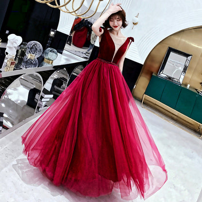 Burgundy velvet tulle long prom dress party dress  8193