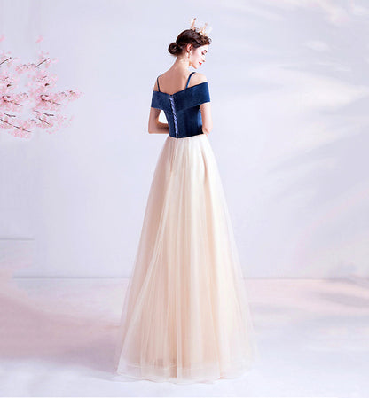 Blue velvet tulle long prom dress evening dress  8447