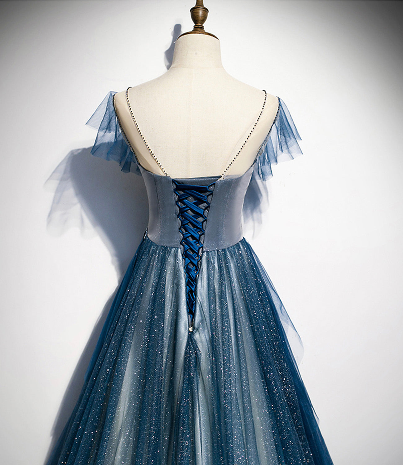 Blue tulle long A line prom dress blue evening dress  8928