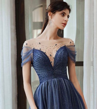 Blue tulle beads long prom dress evening dress  8434