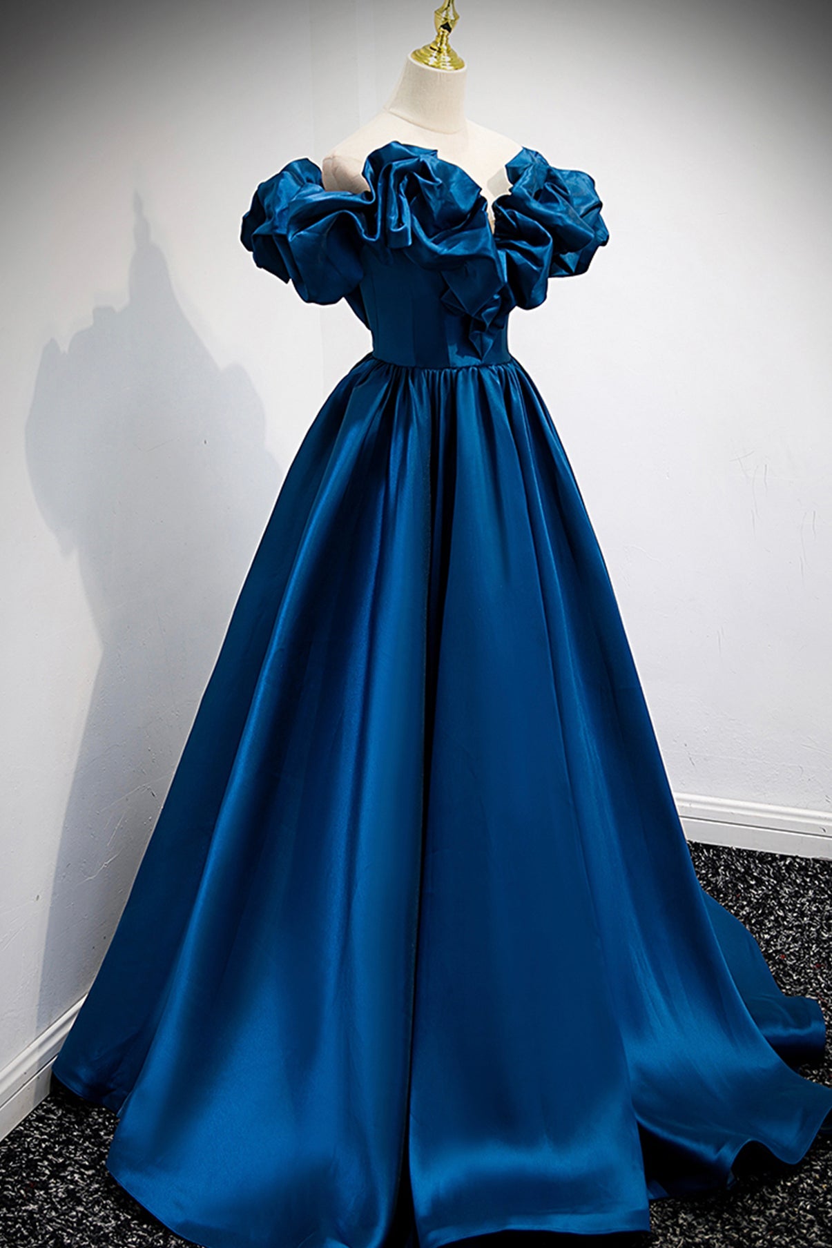 Blue satin long A line prom dress blue evening dress  8877
