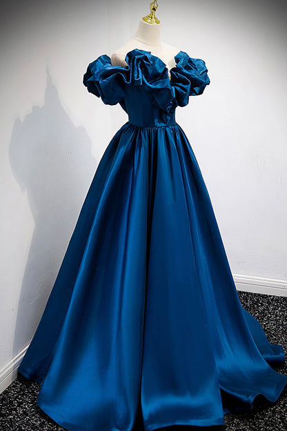 Blue satin long A line prom dress blue evening dress  8877