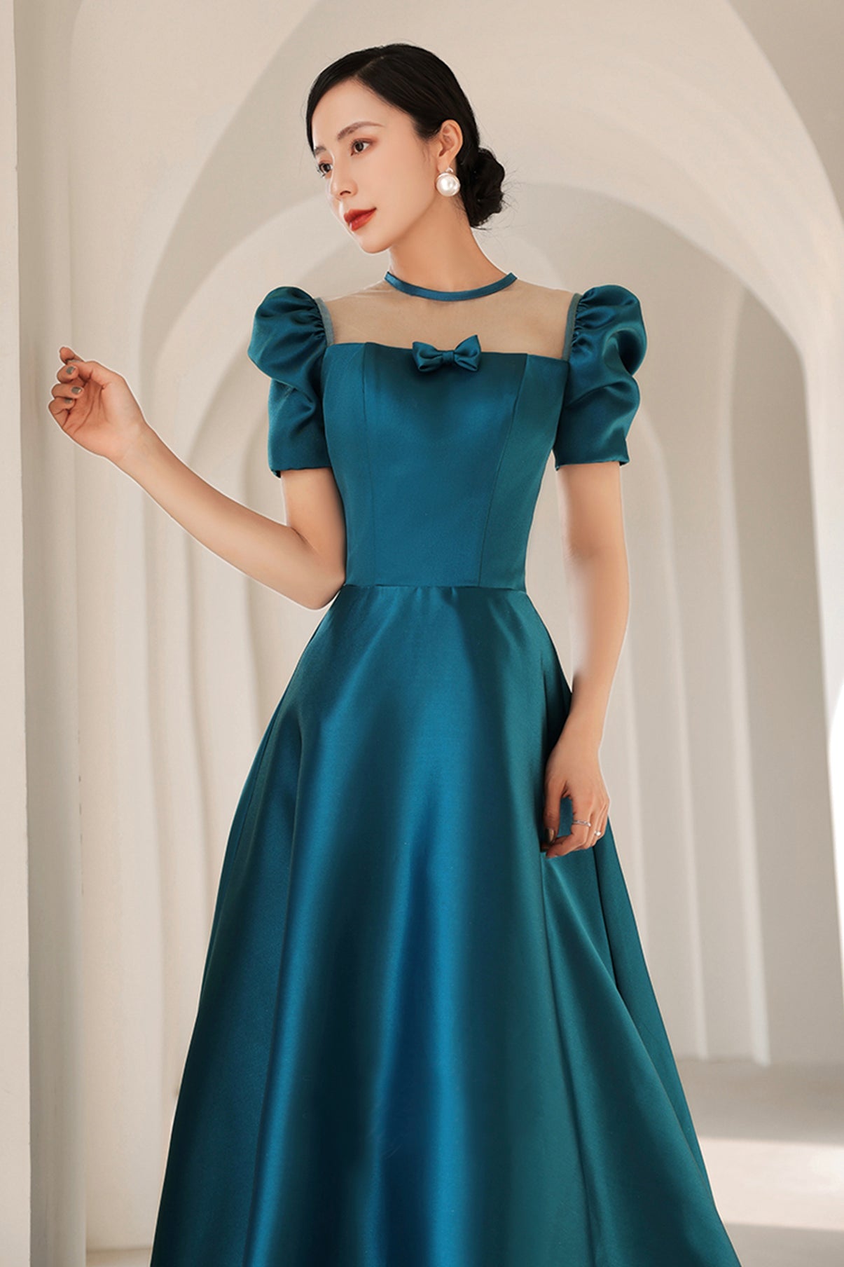 Blue satin long A line prom dress blue evening dress  8784