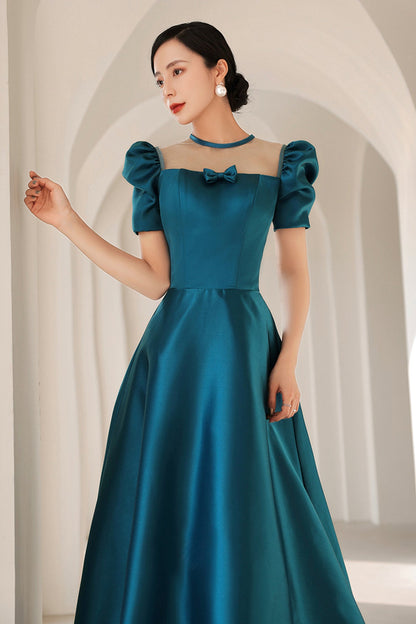 Blue satin long A line prom dress blue evening dress  8784