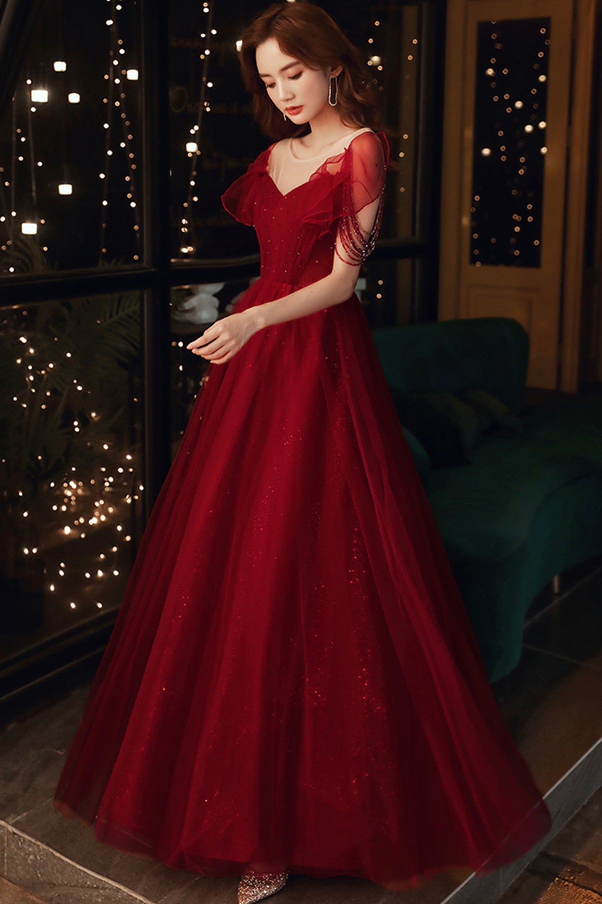 Burgundy tulle long A line prom dress evening dress  8680