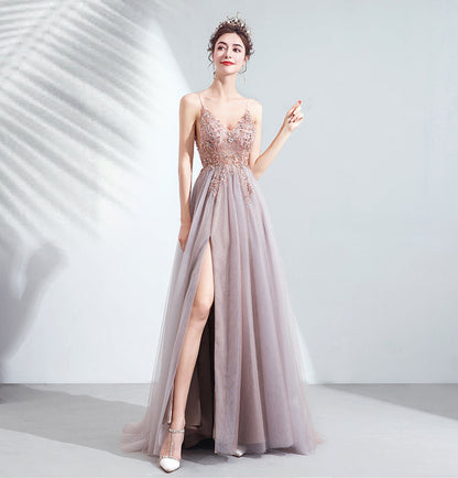 Stylish v neck tulle beads long prom dress formal dress  8225