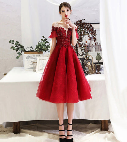 Burgundy lace short prom dress party dress  8527