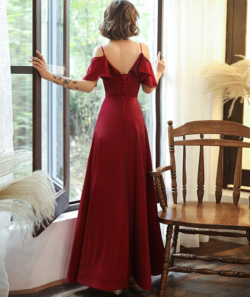 Burgundy satin prom dress simple evening dress  8379