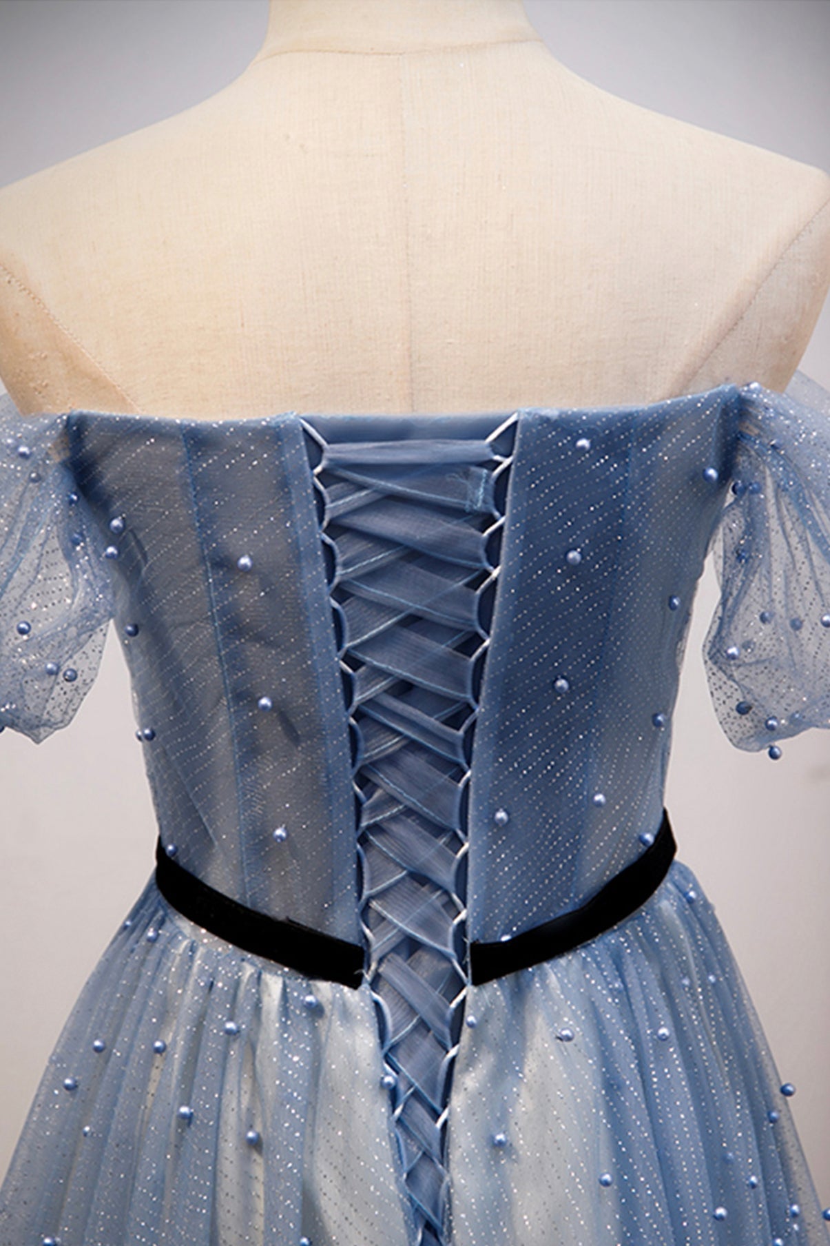 Blue tulle long A line prom dress evening dress  8686