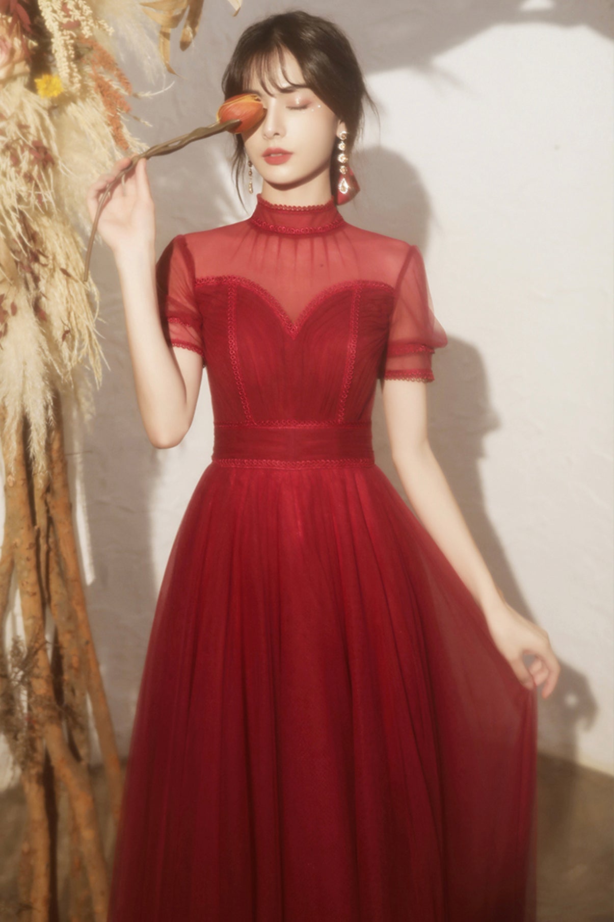 Burgundy tulle long A line prom dress evening dress  8692