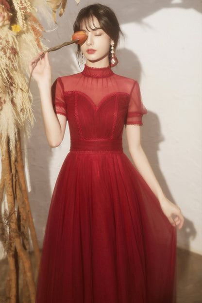 Burgundy tulle long A line prom dress evening dress  8692