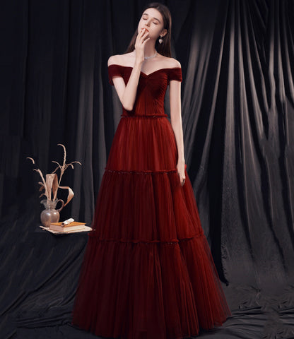 Stylish tulle long prom dress burgundy evening dress  8873