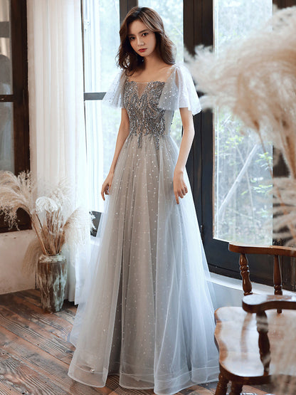 Gray tulle beads prom dress evening dress  8378